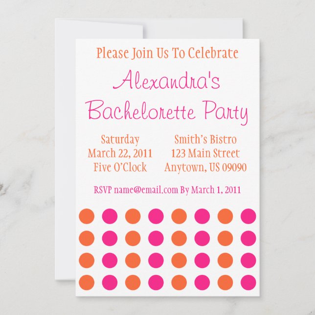 Invitación Polka Dots Bachelorette Invite (Naranja/Rosa Calie (Anverso)