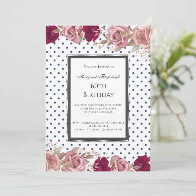 Invitación Polka Dots Roses Rojos Rosados Cumpleaños Blanco (Anverso de pie)