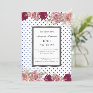 Invitación Polka Dots Roses Rojos Rosados Cumpleaños Blanco