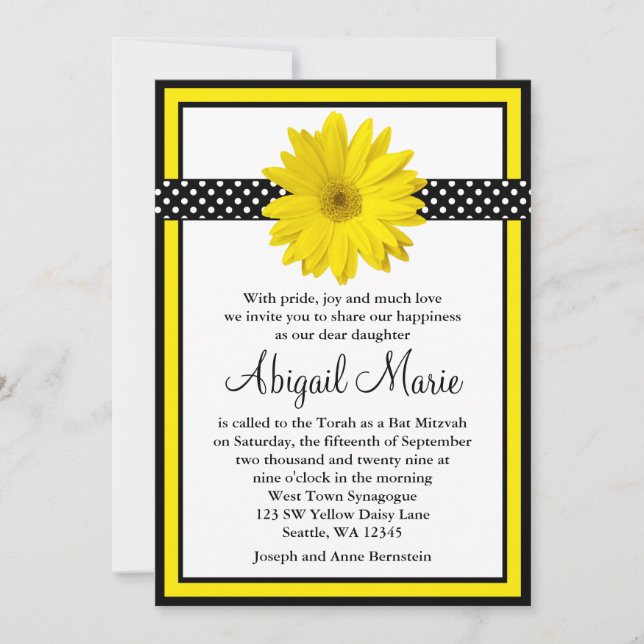 Invitación Polka negro amarillo margarita puntos bat Mitzvah (Anverso)