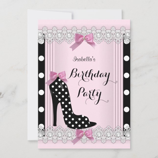 Invitación Polka Negro Rosa Dots High Heat Birthday Party (Anverso)