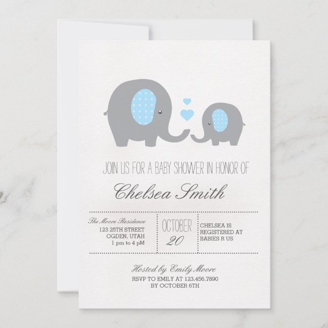 Invitación Polka pone el elefante Baby Shower gris y azul (Anverso)