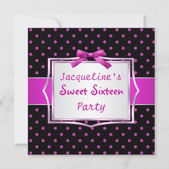 Invitación Polka punto negro y rosa caliente Sweet 16 Invitac (Anverso)