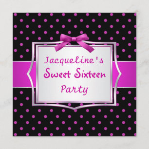 Invitación Polka punto negro y rosa caliente Sweet 16 Invitac
