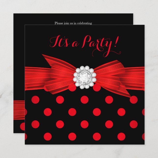 Invitación Polka Rojo Dots Diamond Bow Black Fiesta (Anverso / Reverso)