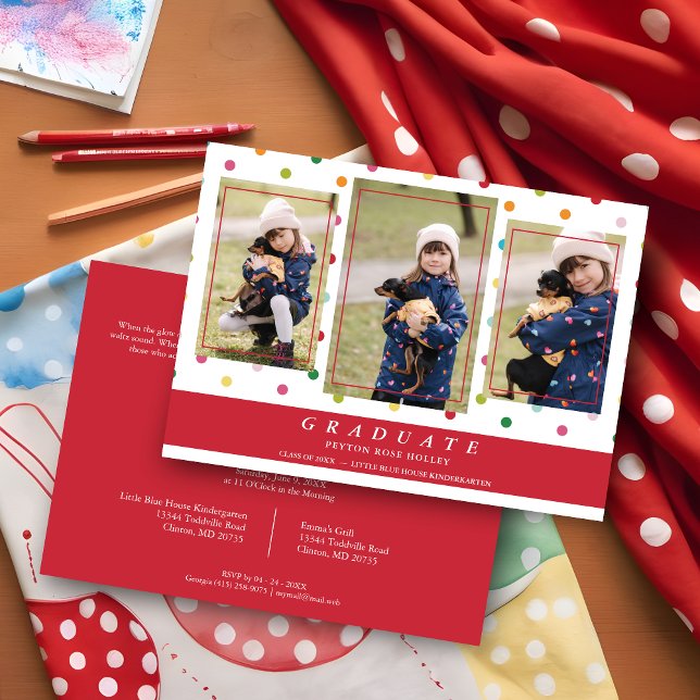 Invitación Polka Rojo Dots Funny Graduado 3 Fotos Collage (Red Polka Dots Funny Graduate 3 Photos Collage Invitation Card.)