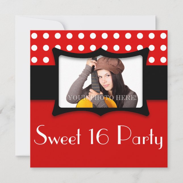Invitación Polka rojo dulce 16 foto (Anverso)