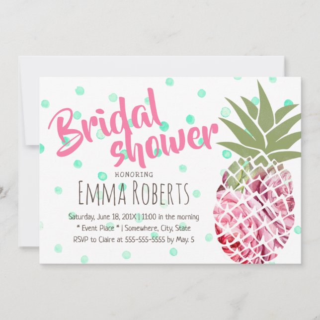 Invitación Polka Tropical Floral de piña de pino Dots Bridal  (Anverso)