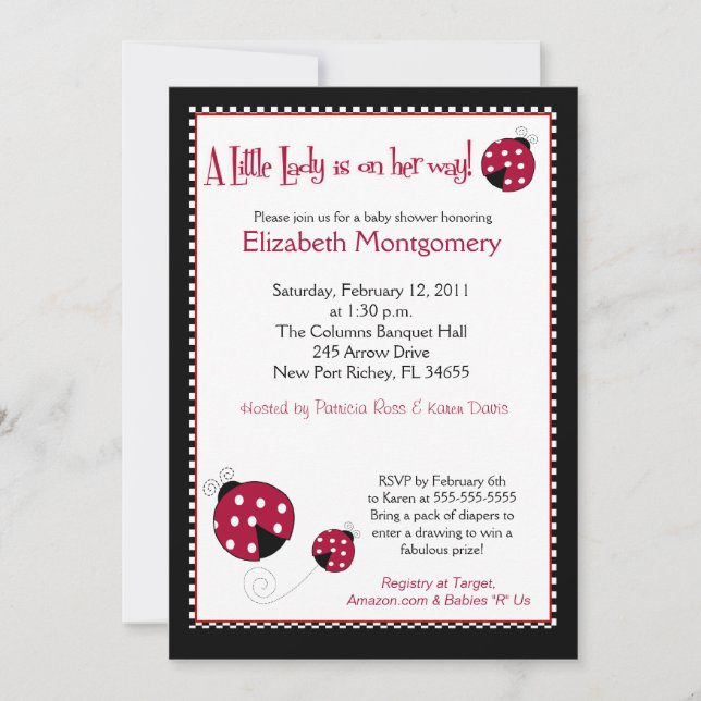 Invitación Polkadot Ladybug Baby Shower 5x7 (Anverso)