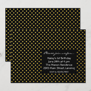 Invitación Polkadots negro y Relieve metalizado dorado