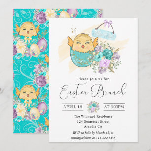Invitación Pollito Floral Acuarela Lindo en Huevo Brunch de P