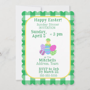 Invitación Pollito Huevos De Pascua Coloreados Verde A Cuadro