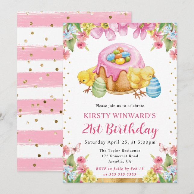 Invitación Pollitos de Pascua en acuarela Cumpleaños 21 de pr (Anverso / Reverso)