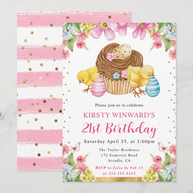 Invitación Pollitos de Pascua en acuarela Cumpleaños 21 de pr (Anverso / Reverso)