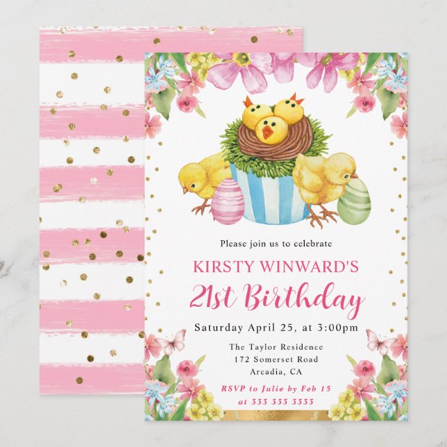 Invitación Pollitos de Pascua en acuarela Cumpleaños 21 de pr (Anverso / Reverso)