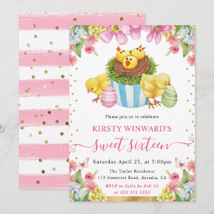 Invitación Pollitos de Pascua en acuarela y pastel Dulces 16 