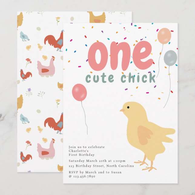 Invitación Pollitos Lindos Gallinas Niña Cumpleaños Primero 1 (Anverso / Reverso)