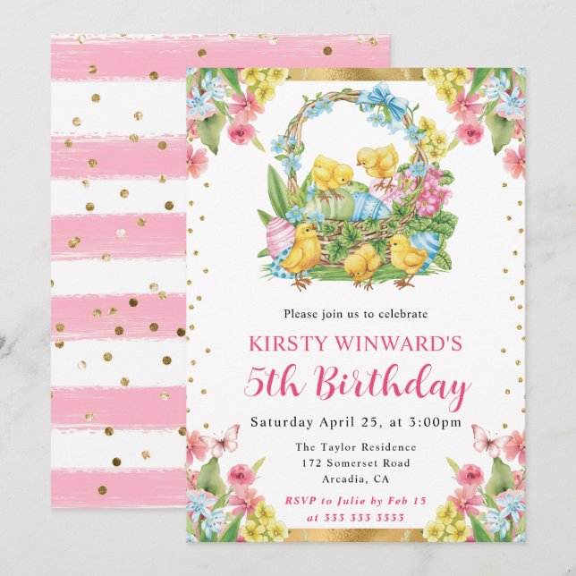 Invitación Pollitos y Huevos de Pascua Cumpleaños de primaver (Anverso / Reverso)