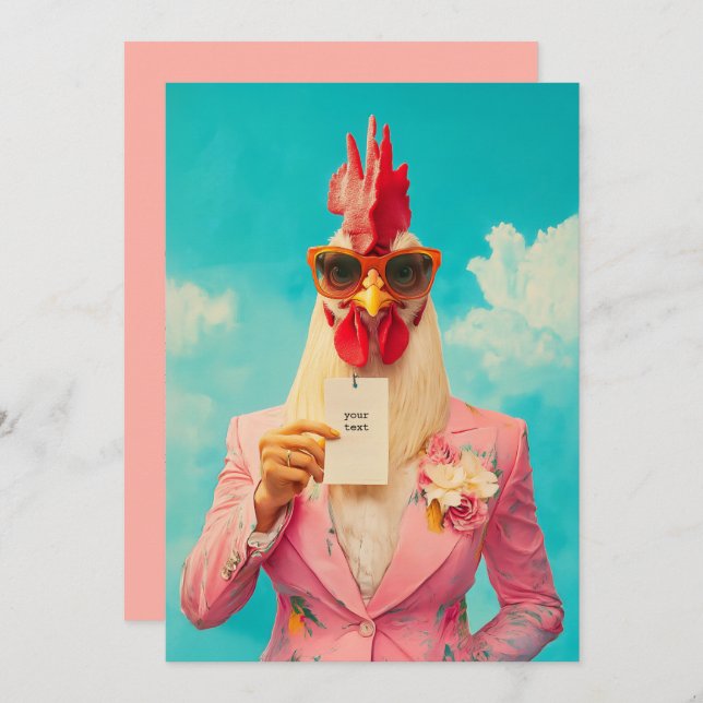 Invitación Pollo de moda en traje rosado (Anverso / Reverso)