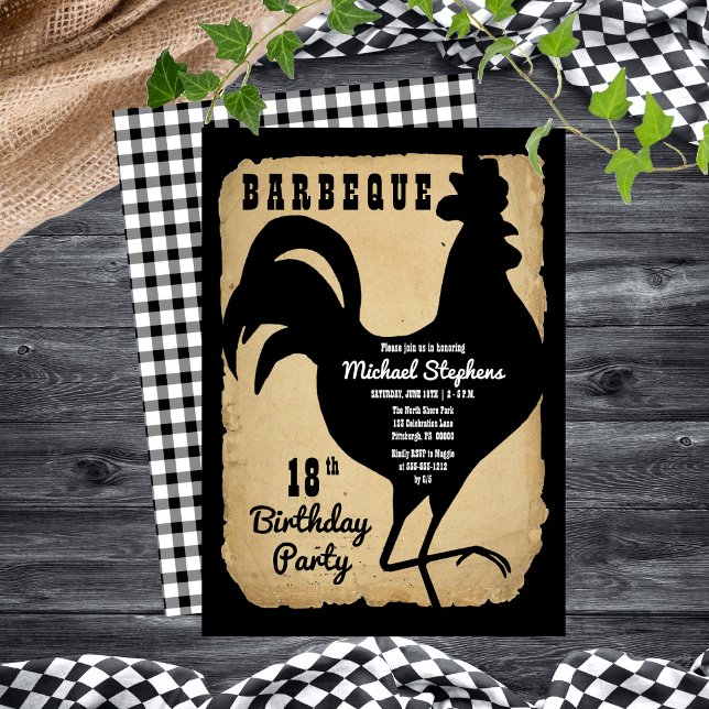 Invitación Pollo rústico de campo BBQ fiesta de cumpleaños 18 (Rustic Country Rooster Chicken BBQ 18th Birthday Party Invitation )