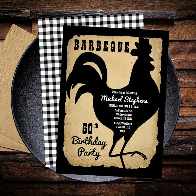 Invitación Pollo rústico de campo BBQ fiesta de cumpleaños nú (Rustic Country Rooster Chicken BBQ 60th Birthday Party Invitation)