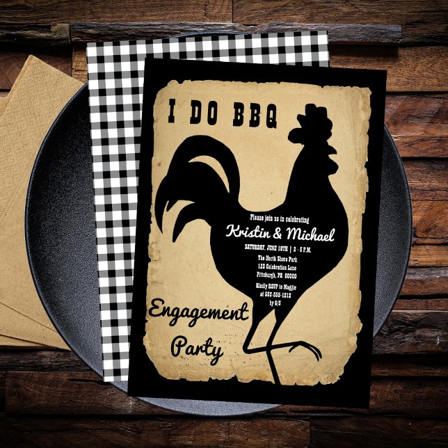 Invitación Pollo rústico de campo hago partido de compromiso  (Rustic Country Rooster Chicken BBQ Engagement Party Invitation)