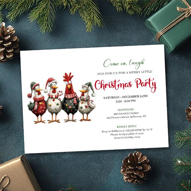 Invitación Pollos de Acuarela Quirky Navideños Rojo Verde  (Quirky Watercolor Chickens Red Green Christmas Card)