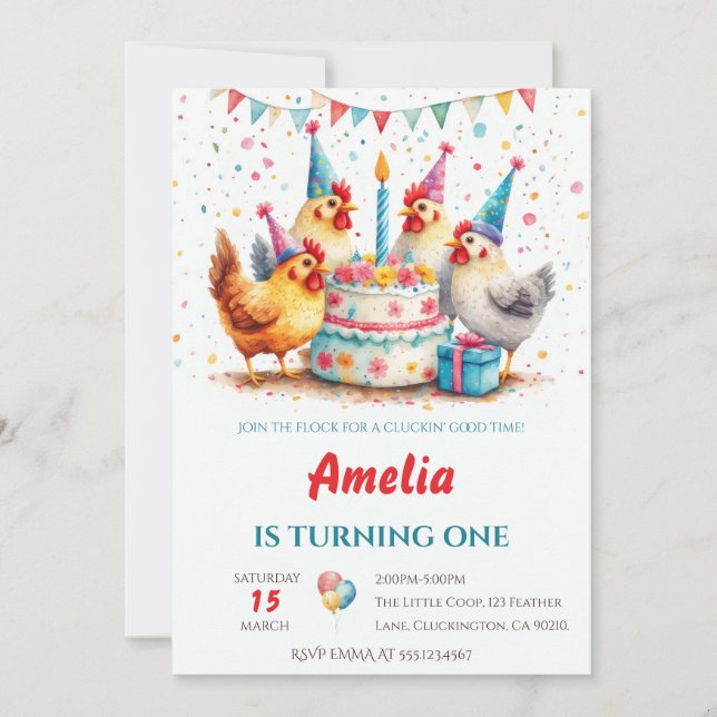 Invitación Pollos de Fiesta con Acuarela Granja Cumpleaños (Anverso)