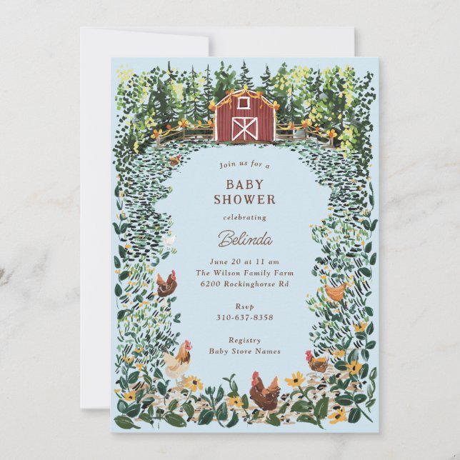 Invitación Pollos en el Baby Shower de la granja con encanto  (Anverso)