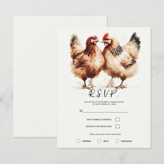 Invitación Pollos Marrones Acuarela Boda Rústica (Anverso / Reverso)