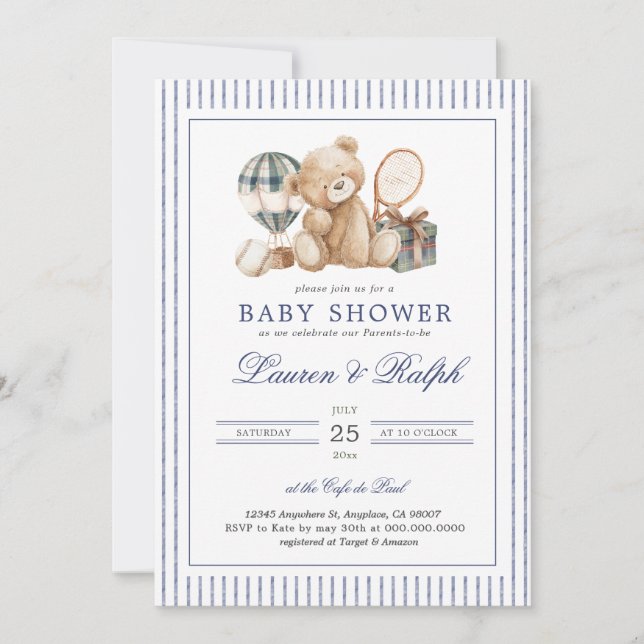 Invitación Polo Bear Baby Shower Preppy Boy Plaid Baby Shower (Anverso)