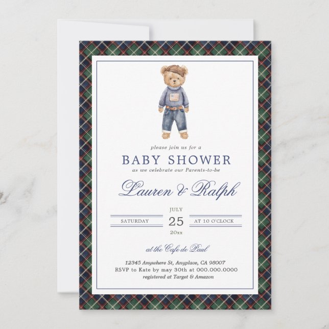 Invitación Polo Bear Boy Classic Preppy Baby Shower (Anverso)