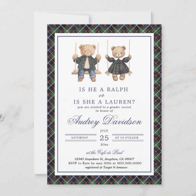 Invitación Polo Gender Reveal Tartan Plaid (Anverso)