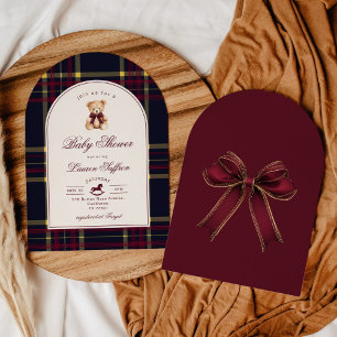 Invitación Polo Teddy Bear Vino Red plaid Arch Bebé ducha