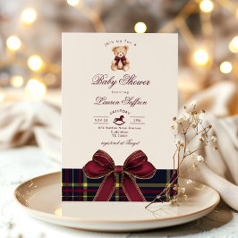 Invitación Polo Teddy Bear Wine Red plaid Winter Ducha bebé