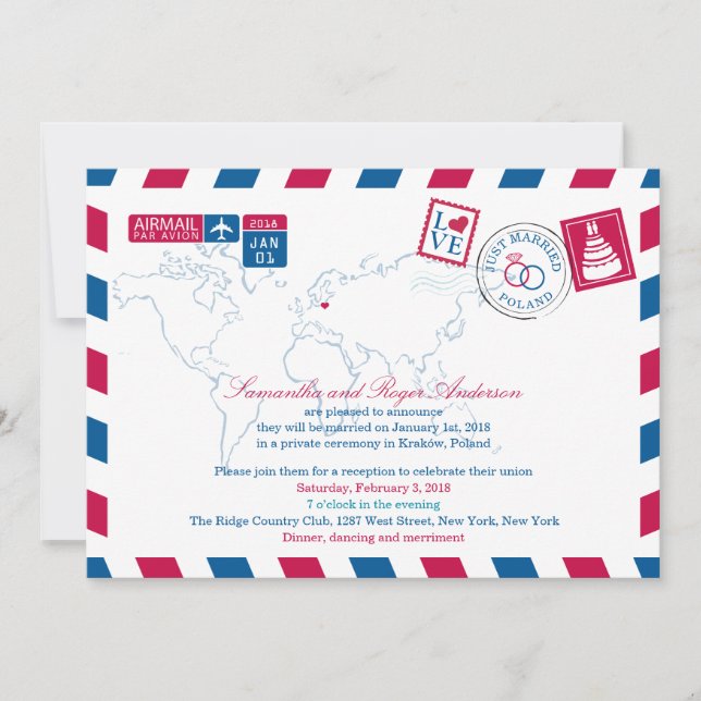 Invitación POLONIA Azul Rojo Correo Aéreo Post Boda (Anverso)