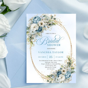 Invitación Polvo Azul Atemporal Verde Dorado Baby Shower Nupc