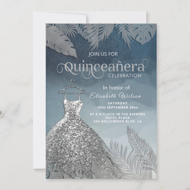 Invitación Polvo azul de plata vestido tropical Quinceañera (Anverso)