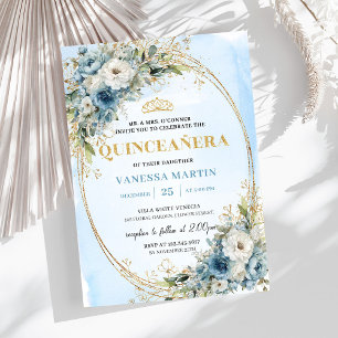 Invitación Polvo Azul Dorado Vegetación Cumpleaños 15