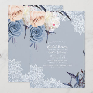 Invitación Polvo Azul Gris y Floral de Melocotón Encaje Brida
