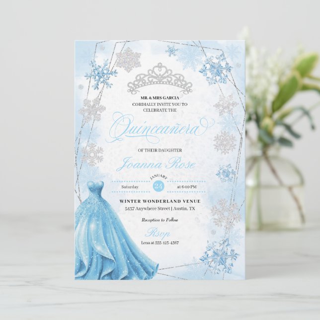 Invitación Polvo Azul Invierno Wonderland Quinceanera (Anverso de pie)