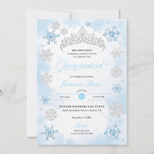 Invitación Polvo Azul Invierno Wonderland Quinceanera (Anverso)
