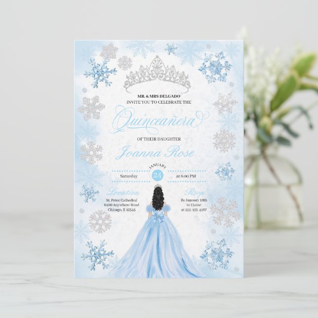 Invitación Polvo Azul Invierno Wonderland Quinceanera (Anverso de pie)