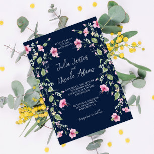 Invitación Polvo Azul Marino Rosa Flor de Hibisco en Flor Bod