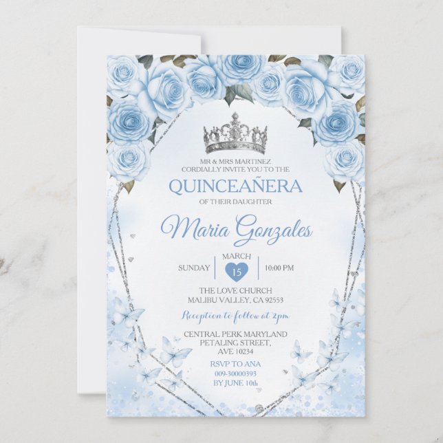 Invitación Polvo Azul Quinceañera Mariposa 15 Anos (Anverso)