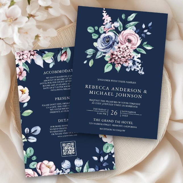 Invitación Polvo Azul y Floral Rosa Código QR Bodas Marineras (Subido por el creador)