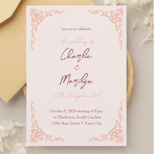 Invitación Polvo boda de aspecto vintage rosa (Subido por el creador)