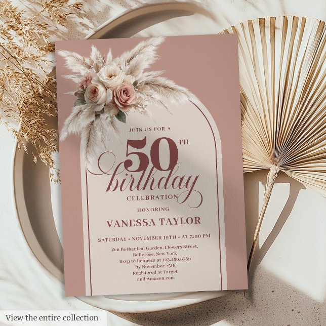 Invitación Polvo Boho Radiante Rosa Pampas Floral Cincuenta 5 (Radiant Boho Dusty Pink Pampas Floral Fifty Birthday)