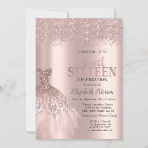 Invitación Polvo Brillante Genial, Vestido Rosa Dorado Dulce