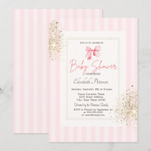 Invitación Polvo Brillante Rosa Lazo Rayado Baby Shower